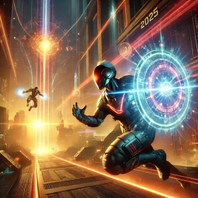 Illustration of new Valorant agents Nexus and Aurora in action on the Citadel map. Nexus is using a glowing temporal shield to block bullets, while Aurora dashes with radiant energy, leaving a blinding trail. The scene features vertical structures, ziplines, and intense lighting, capturing the fast-paced tactical gameplay.